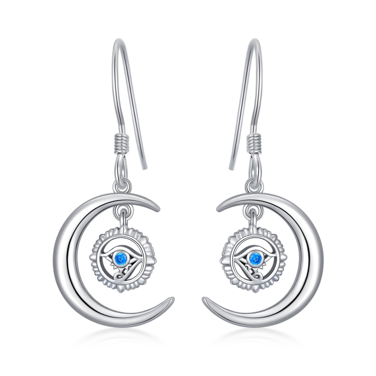 Sterling Silver Cubic Zirconia Eye Of Horus & Moon Drop Earrings-1