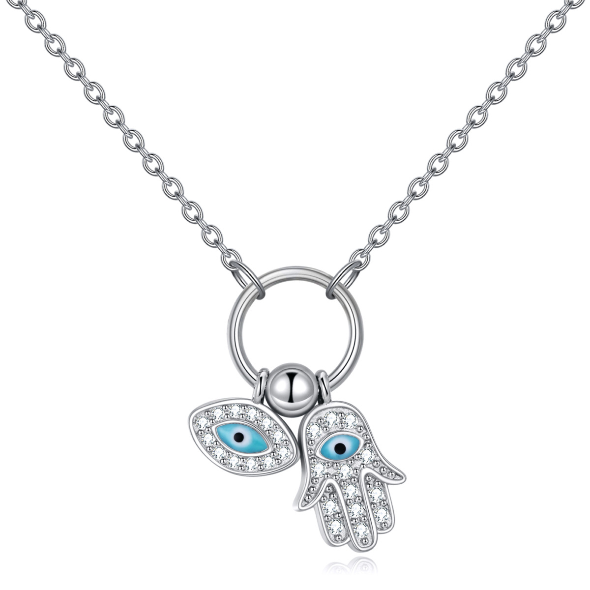 Sterling Silver Cubic Zirconia Evil Eye & Hamsa Hand Necklace for Women-1