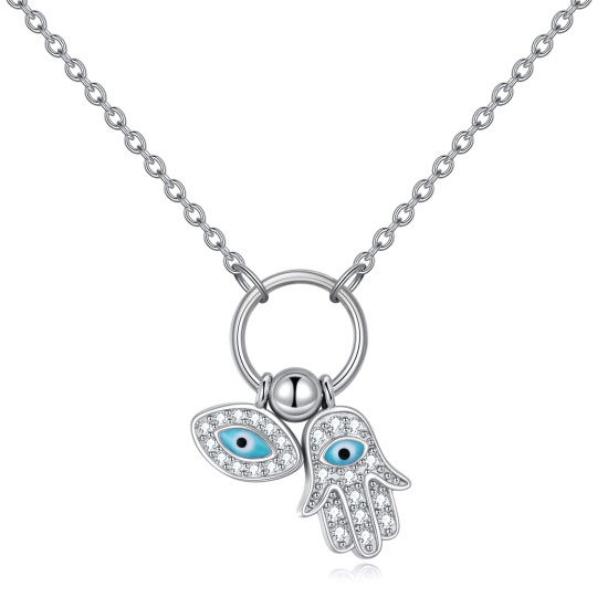 Sterling Silver Cubic Zirconia Evil Eye & Hamsa Hand Necklace for Women