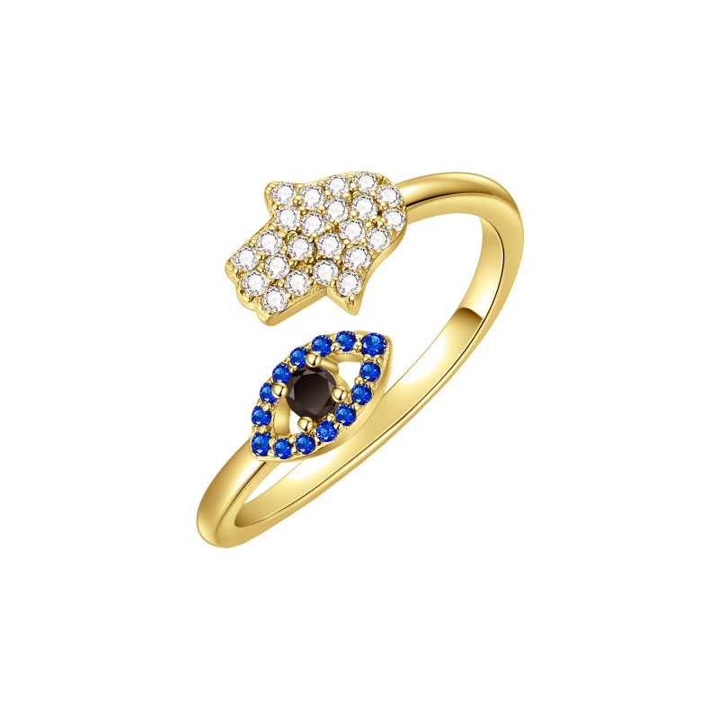 Sterling Silver with Yellow Gold Plated Cubic Zirconia Evil Eye & Hamsa Hand Open Ring-10