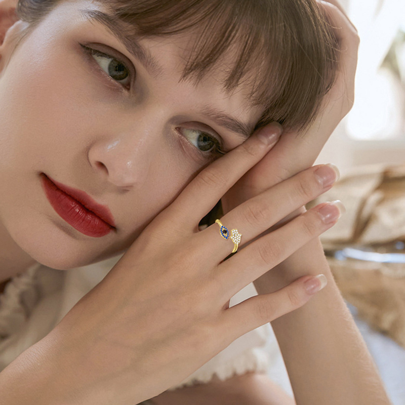 Anillo abierto de mano de Fátima con circonita cúbica bañada en oro amarillo y plata de ley-2