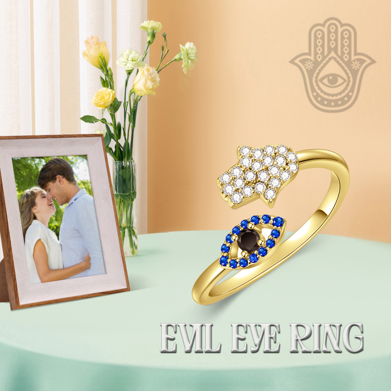 Anillo abierto de mano de Fátima con circonita cúbica bañada en oro amarillo y plata de ley-6