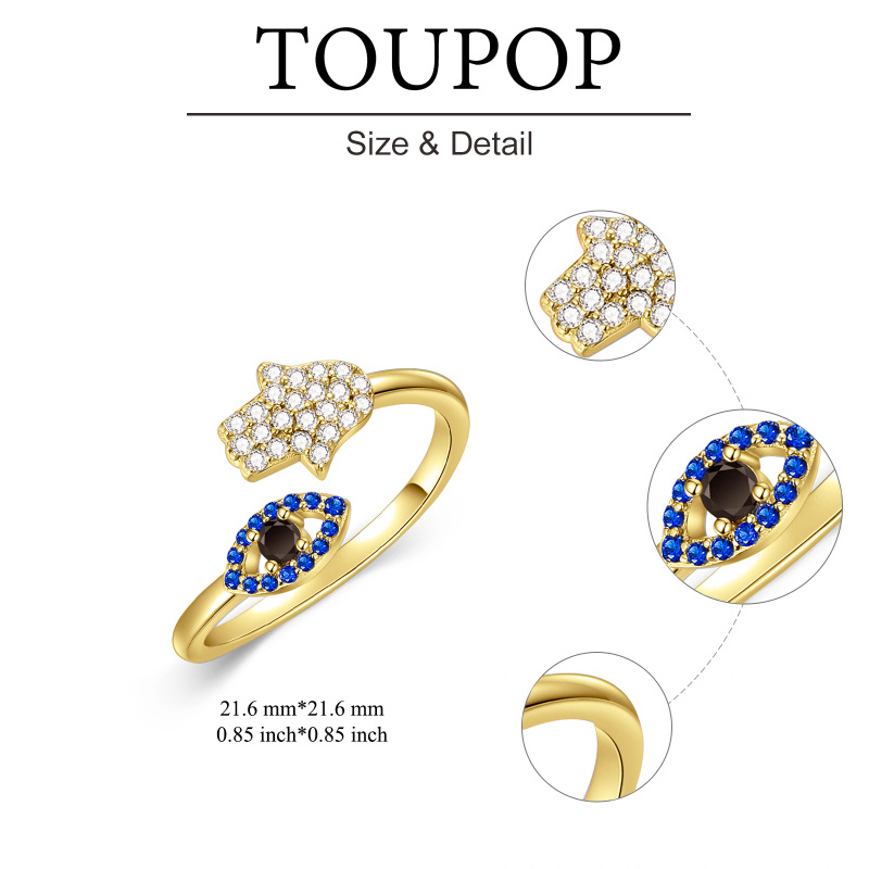 Anillo abierto de mano de Fátima con circonita cúbica bañada en oro amarillo y plata de ley-5