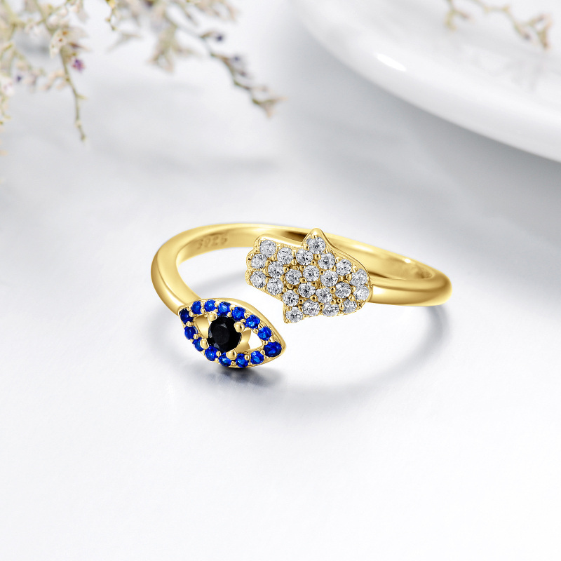 Anillo abierto de mano de Fátima con circonita cúbica bañada en oro amarillo y plata de ley-3