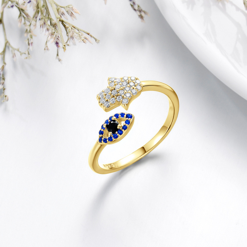 Anillo abierto de mano de Fátima con circonita cúbica bañada en oro amarillo y plata de ley-4
