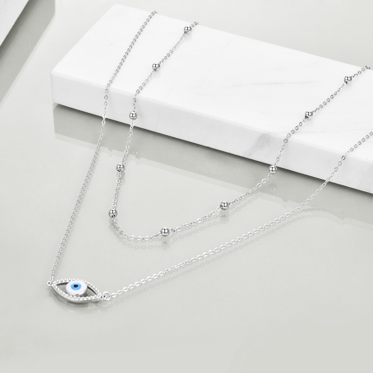 Sterling Silver Cubic Zirconia Evil Eye Layered Necklace for Women-3