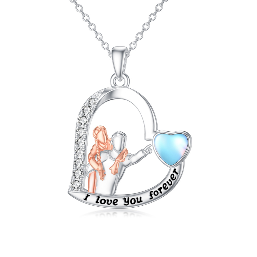 Sterling Silver Two-tone Moonstone Father & Daughter & Heart Pendant Necklace with Engraved Word-1