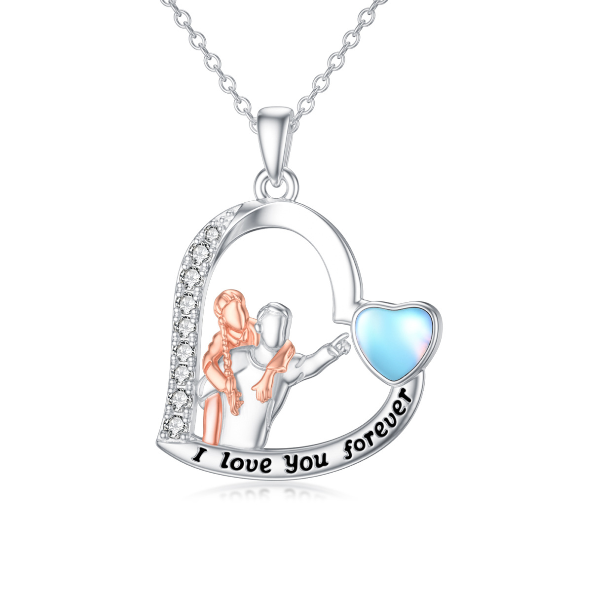 Sterling Silver Two-tone Moonstone Father & Daughter & Heart Pendant Necklace with Engraved Word-1