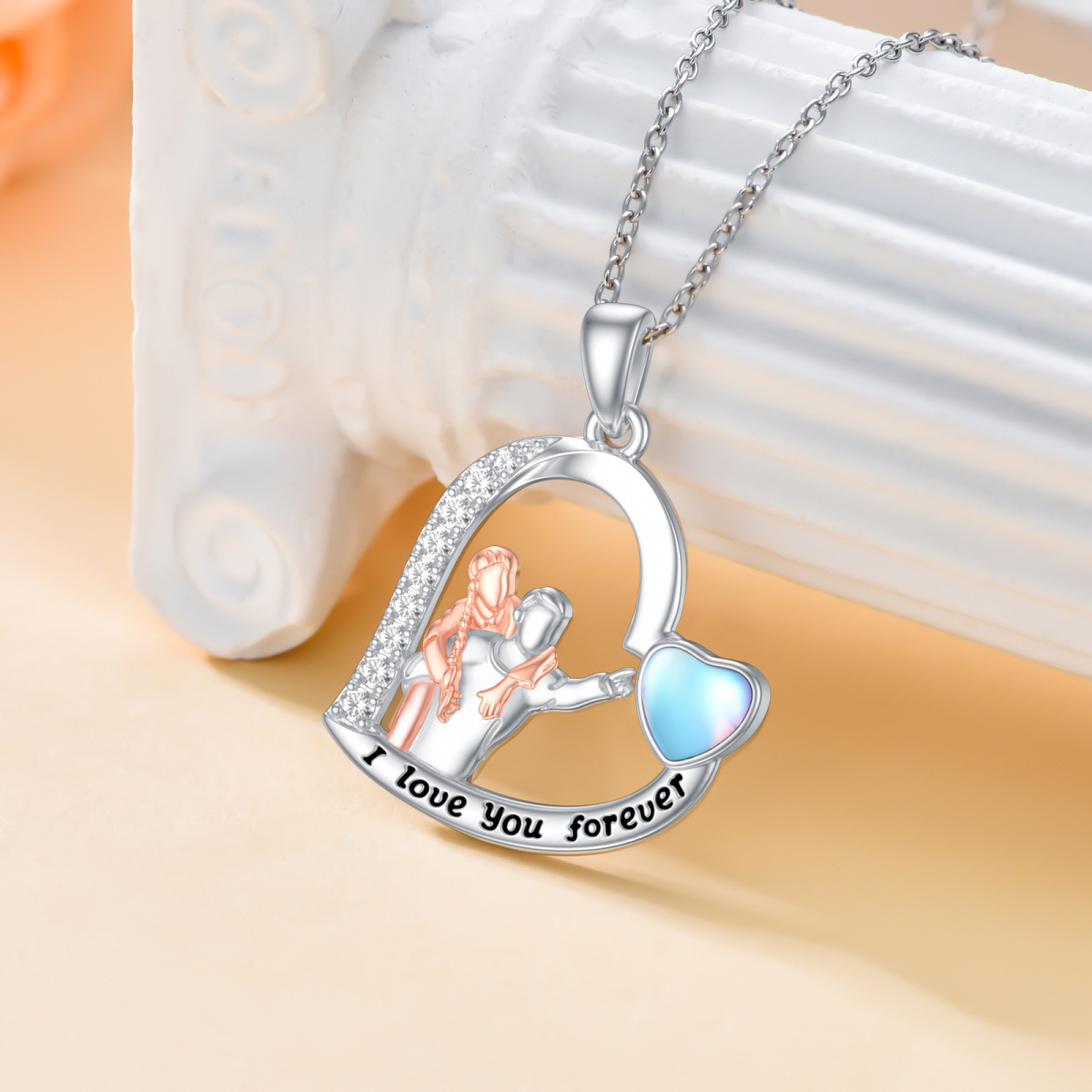 Sterling Silver Two-tone Moonstone Father & Daughter & Heart Pendant Necklace with Engraved Word-3