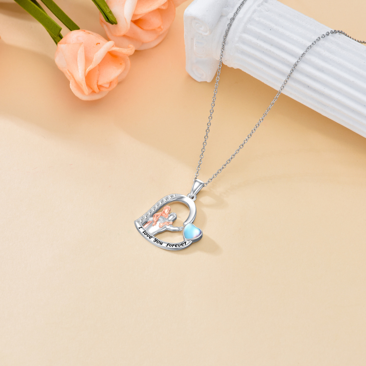 Sterling Silver Two-tone Moonstone Father & Daughter & Heart Pendant Necklace with Engraved Word-4