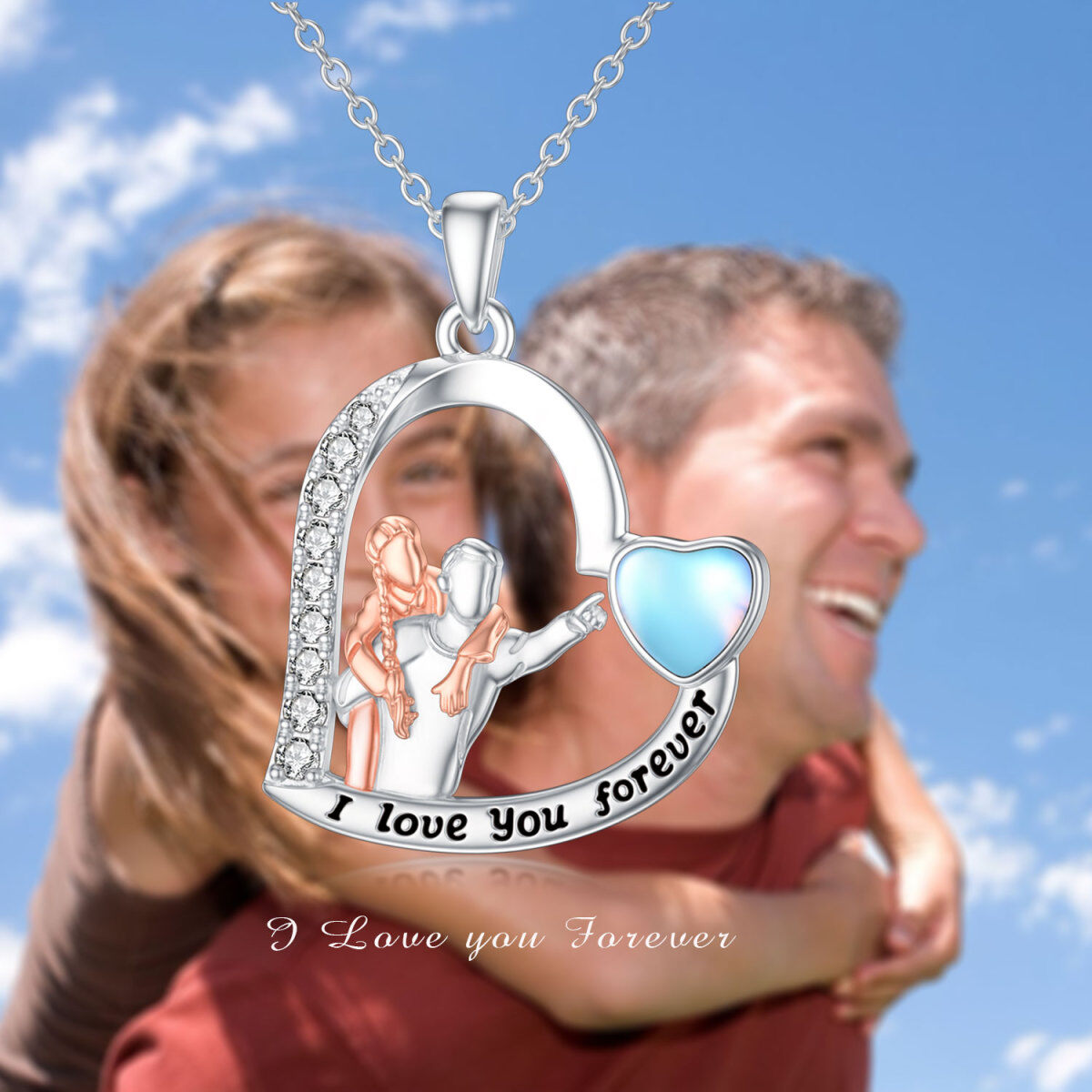 Sterling Silver Two-tone Moonstone Father & Daughter & Heart Pendant Necklace with Engraved Word-5