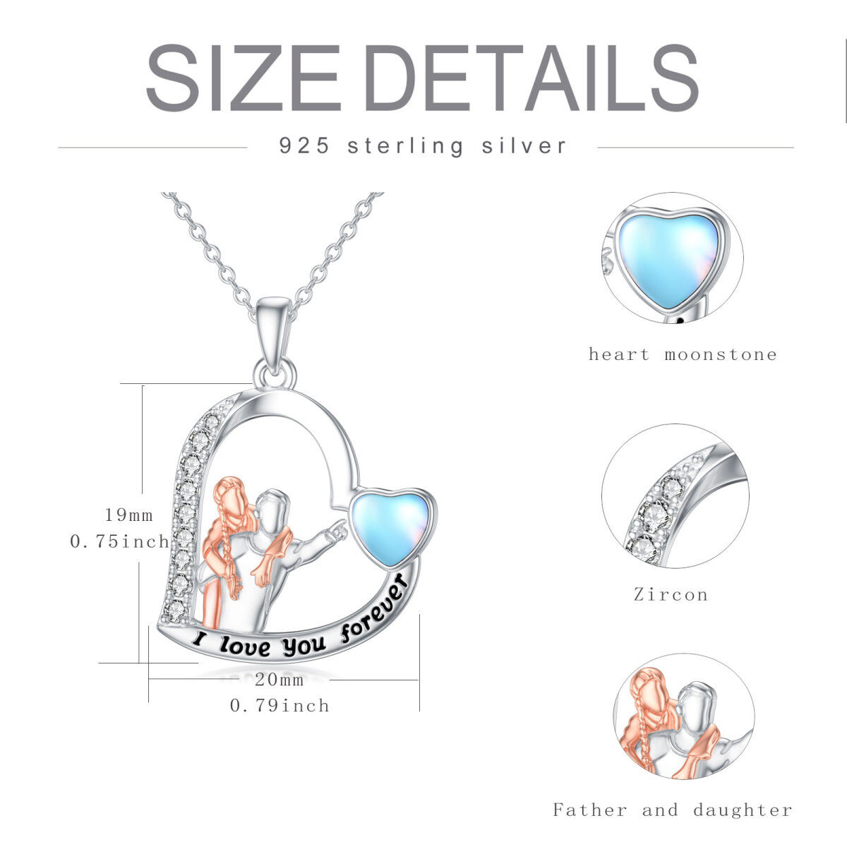 Sterling Silver Two-tone Moonstone Father & Daughter & Heart Pendant Necklace with Engraved Word-6