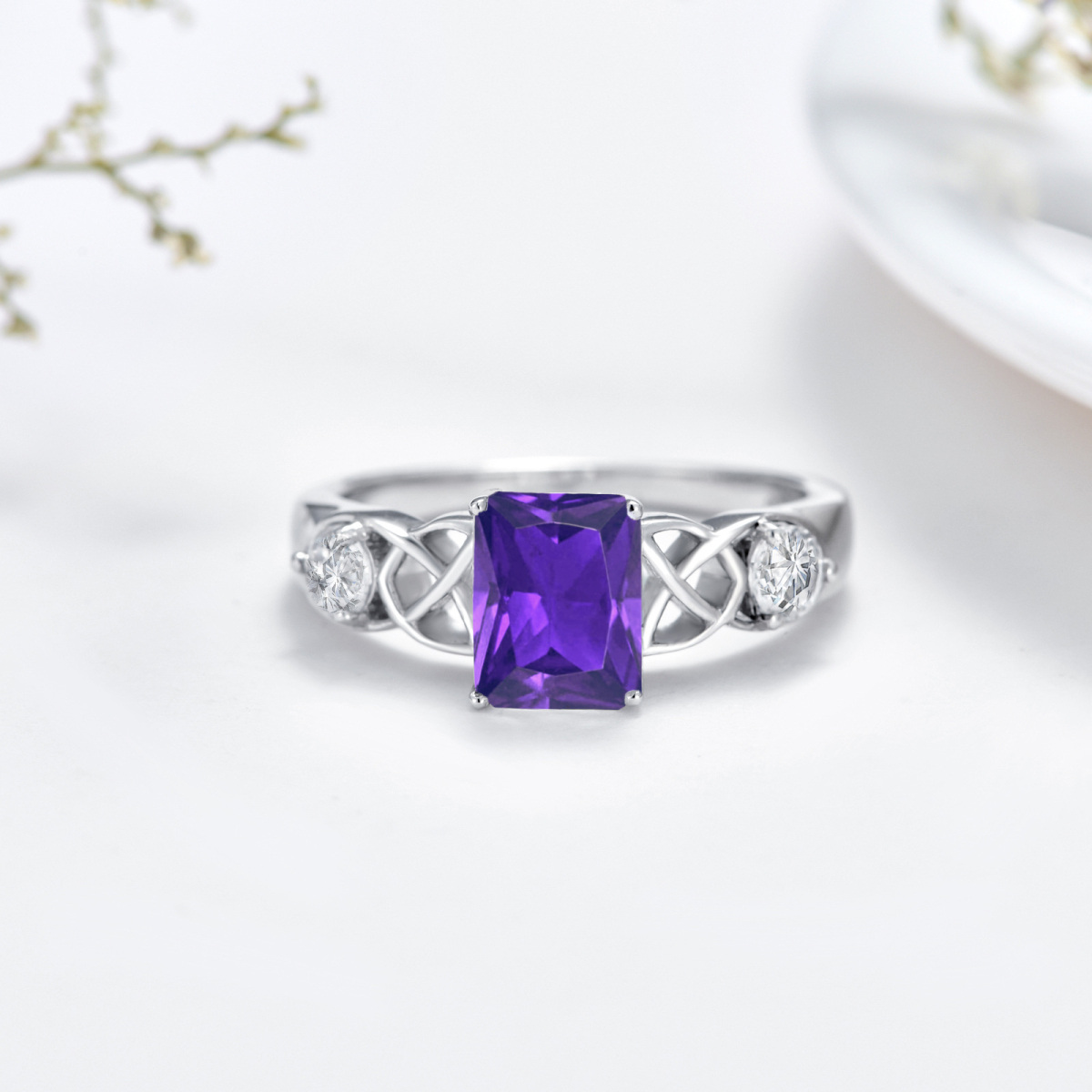 February Birthstone Ring 925 Sterling Silver Square Crystal Ring Celtic Ring Jewelry-4