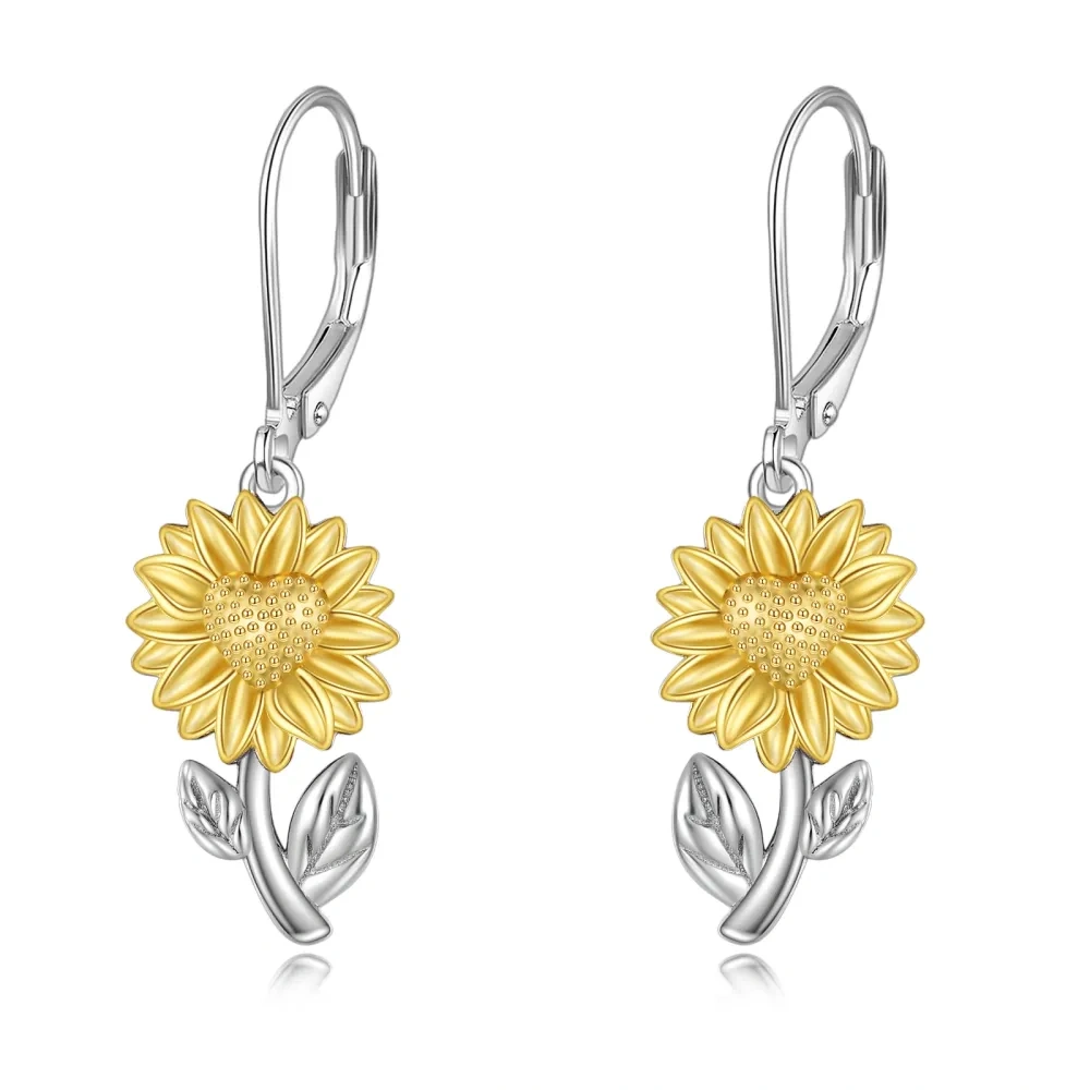 Pendientes de plata de ley con cierre de palanca y diseño de girasol en dos tonos para mujer-1