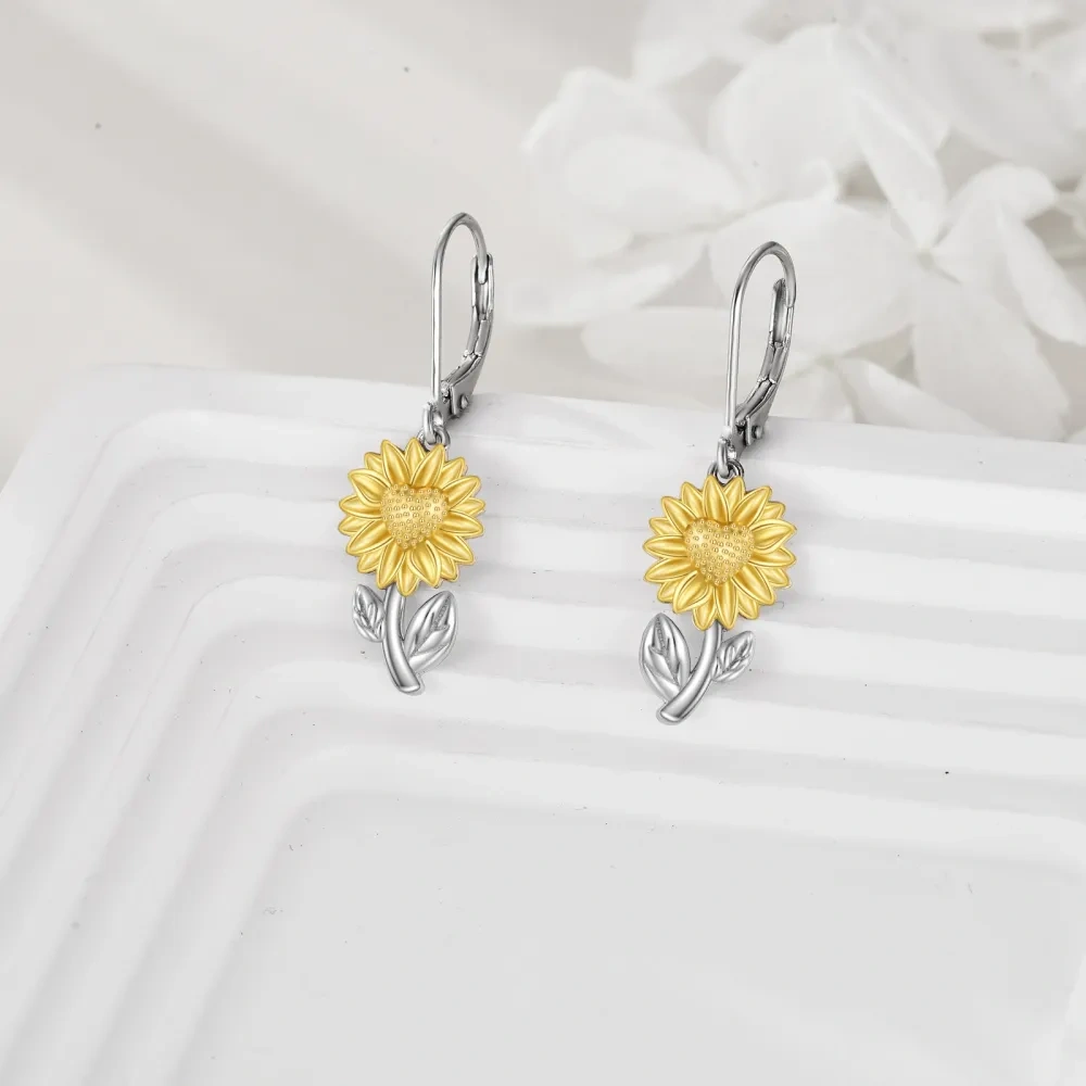 Pendientes de plata de ley con cierre de palanca y diseño de girasol en dos tonos para mujer-3