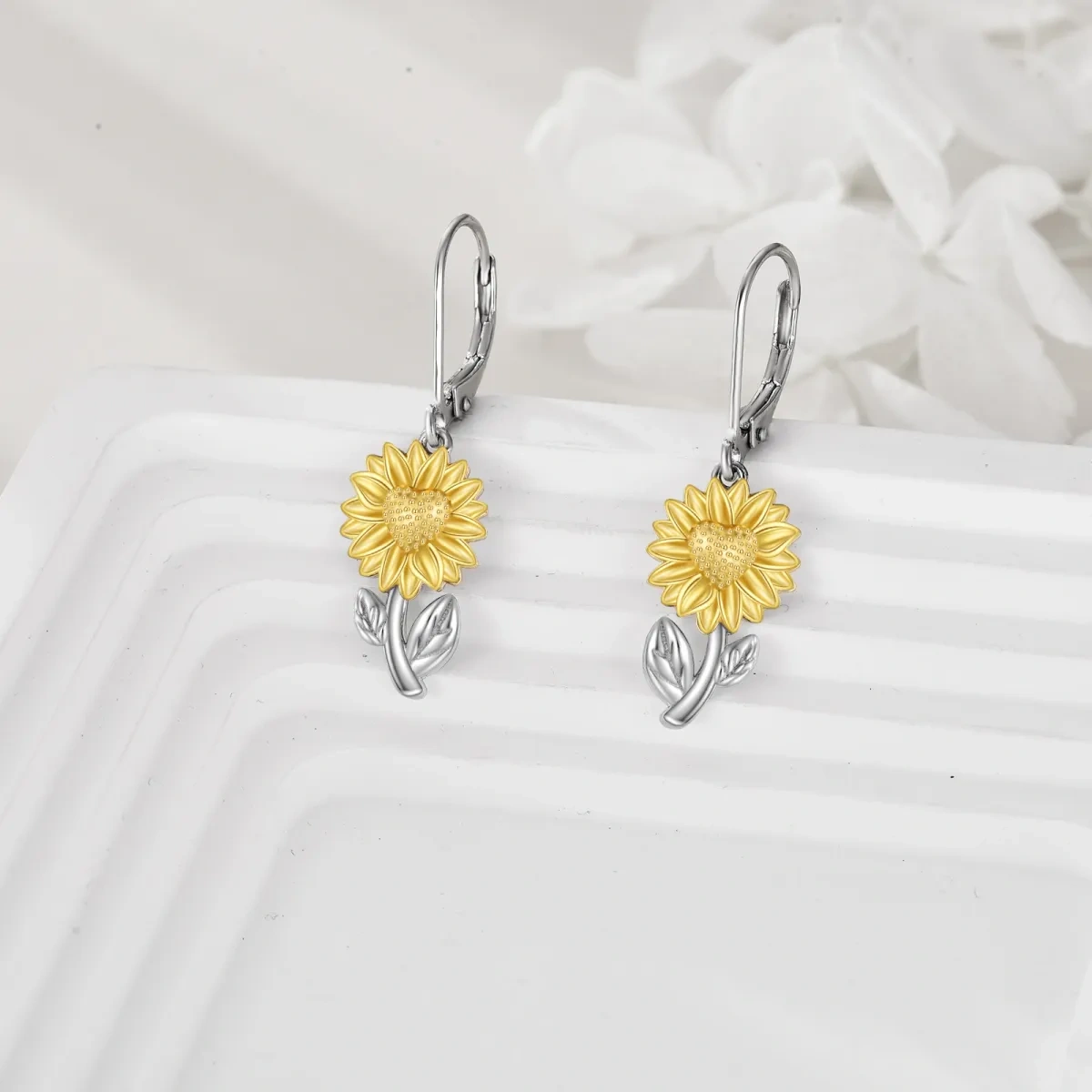 Sterling Silver Two-tone Sunflower Lever-back Earrings for Women-3