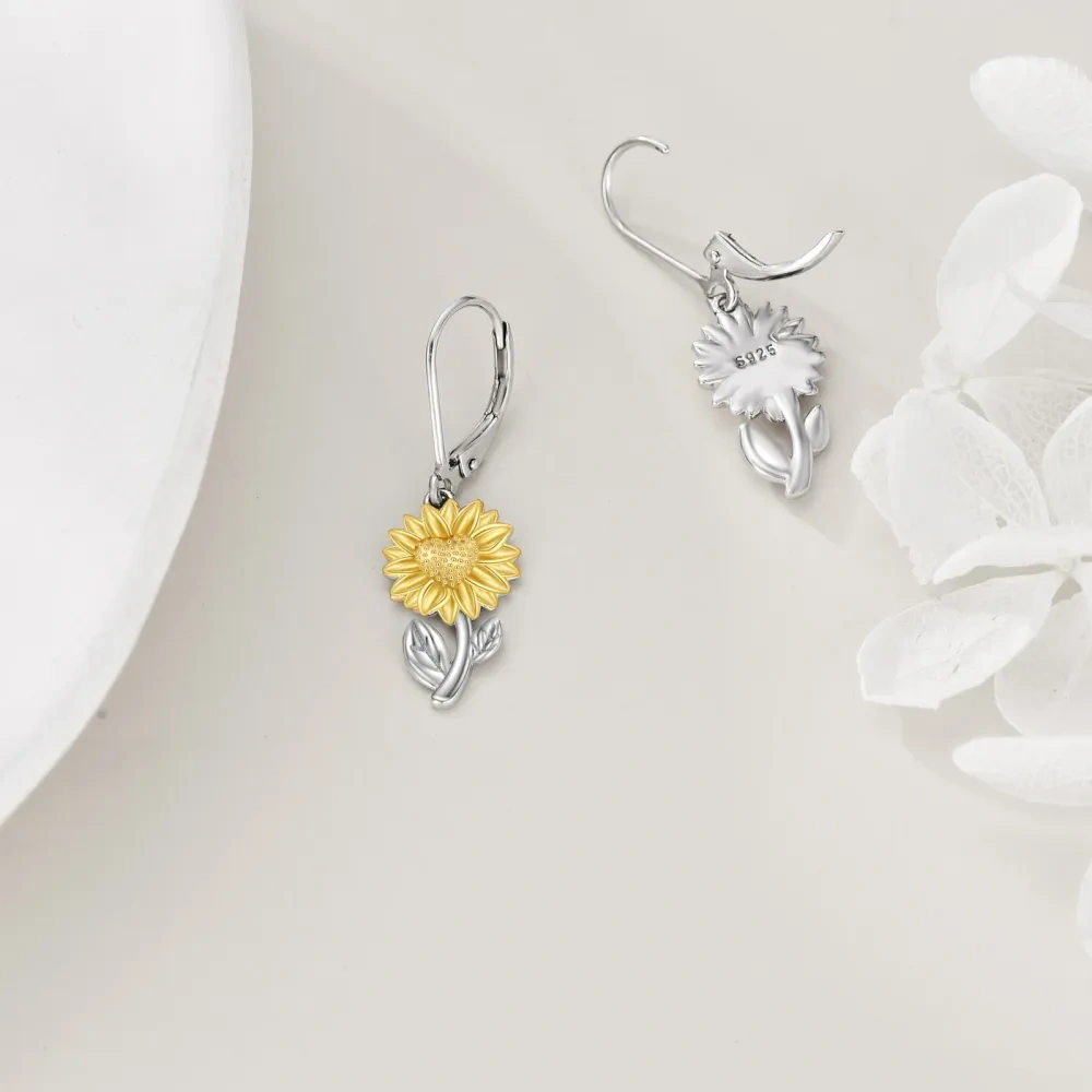 Pendientes de plata de ley con cierre de palanca y diseño de girasol en dos tonos para mujer-4