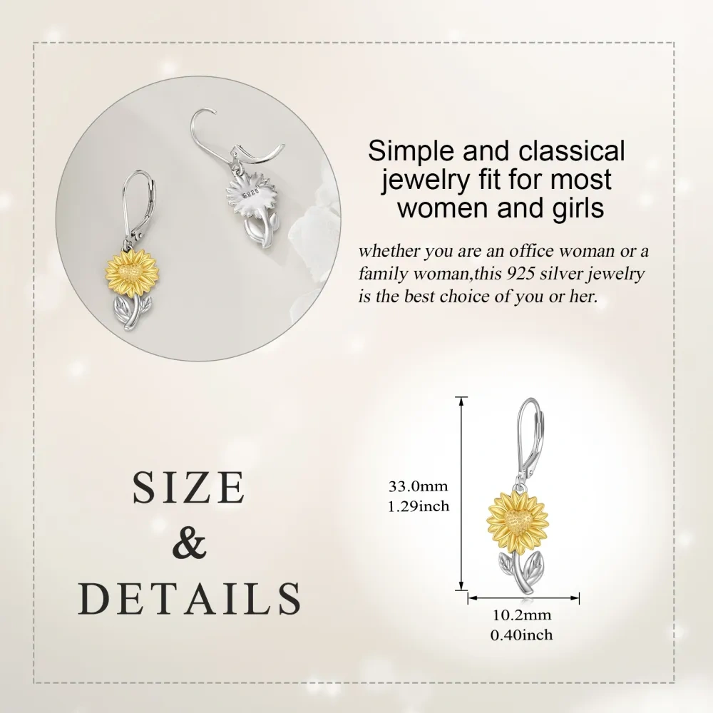 Pendientes de plata de ley con cierre de palanca y diseño de girasol en dos tonos para mujer-5