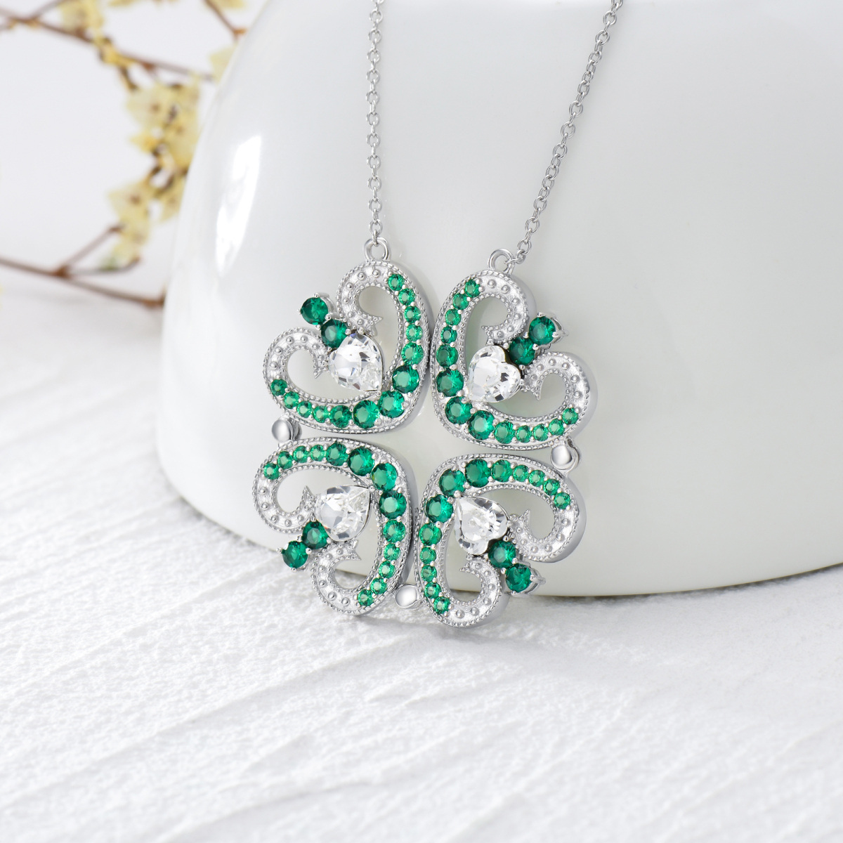 Sterling Silver Green Cubic Zirconia Four Leaf Clover & Heart Pendant Necklace for Women-3