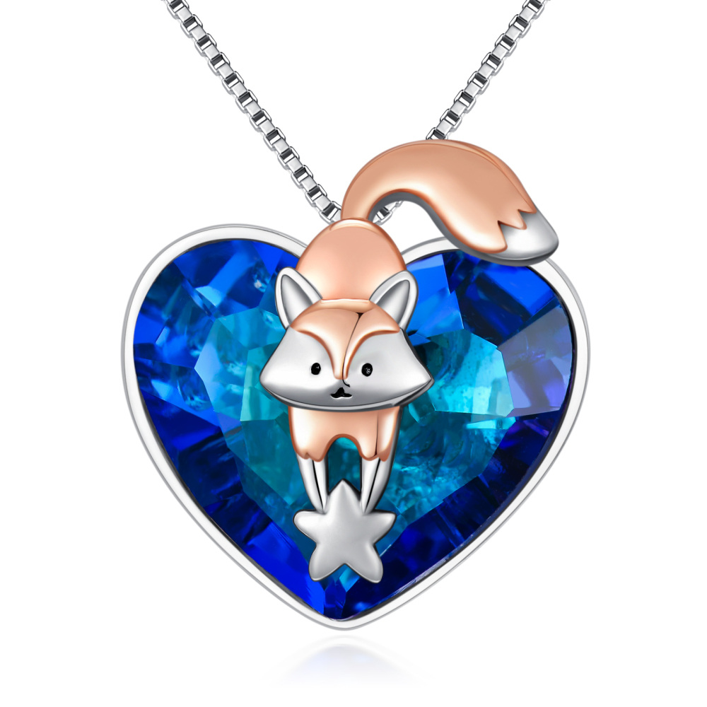 Sterling Silver Two-tone Heart Shaped Fox & Star Crystal Pendant Necklace-1