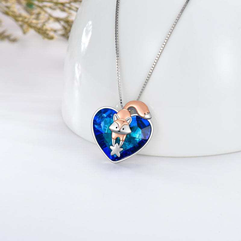 Sterling Silver Two-tone Heart Shaped Fox & Star Crystal Pendant Necklace-3
