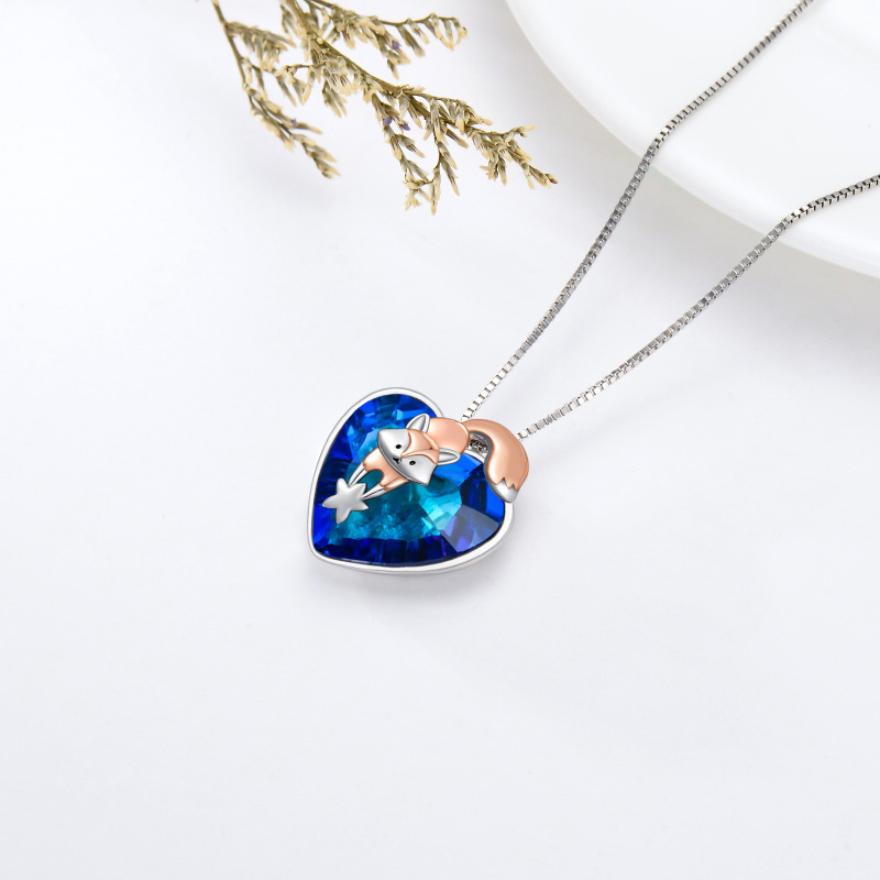 Sterling Silver Two-tone Heart Shaped Fox & Star Crystal Pendant Necklace-4