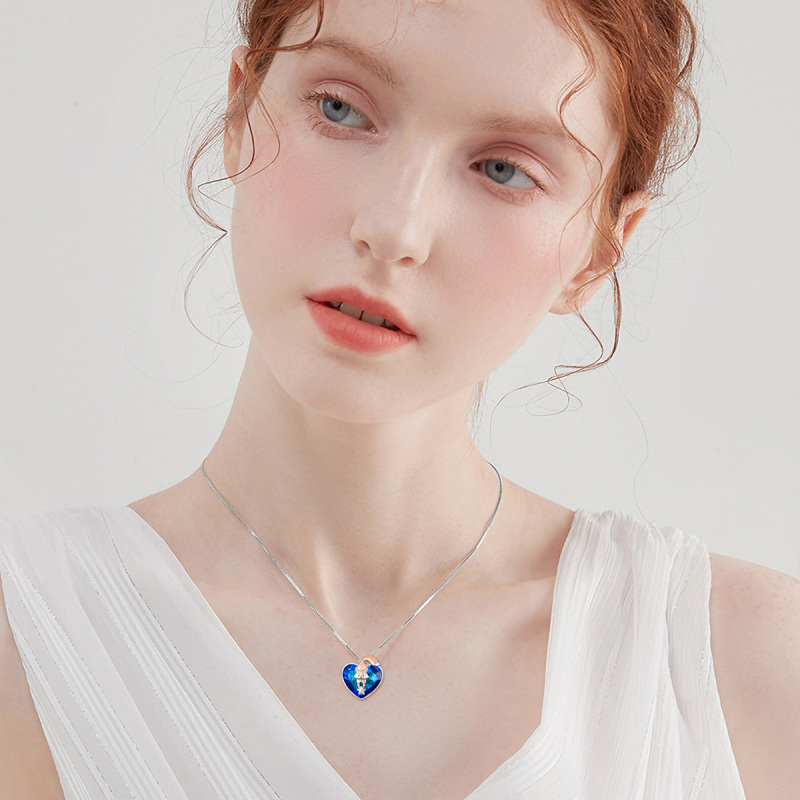 Sterling Silver Two-tone Heart Shaped Fox & Star Crystal Pendant Necklace-2