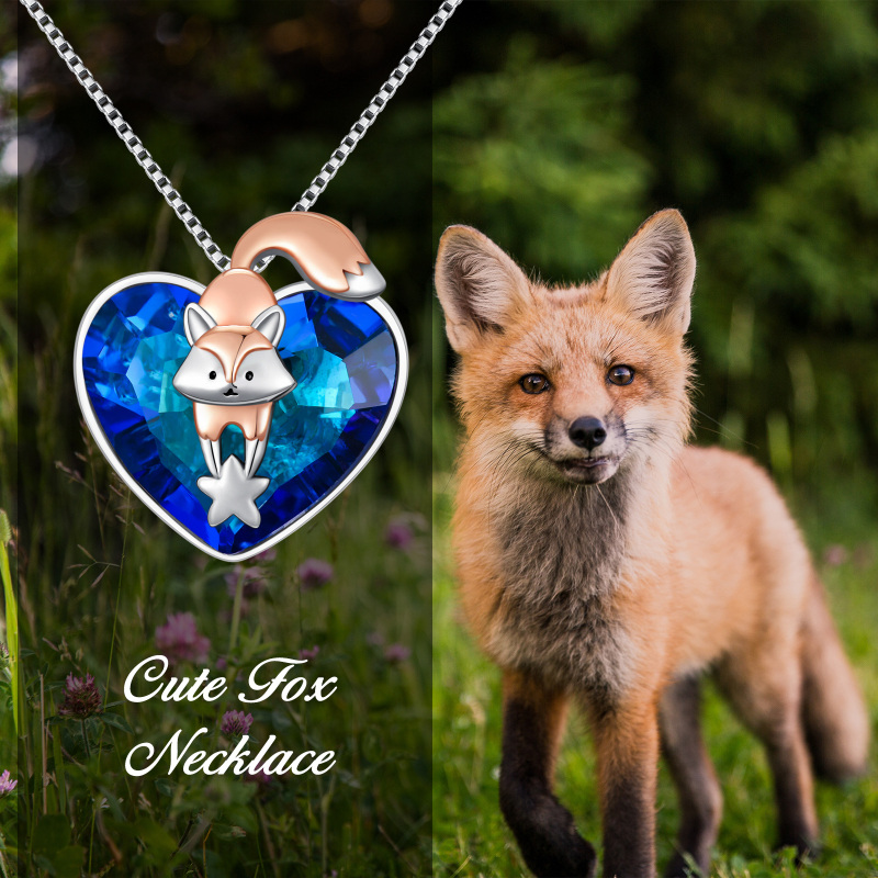 Sterling Silver Two-tone Heart Shaped Fox & Star Crystal Pendant Necklace-6
