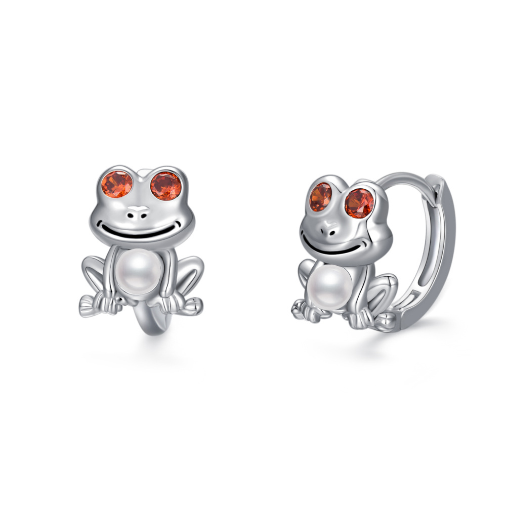 Sterling Silver Cubic Zirconia & Pearl Frog Hoop Earrings-1
