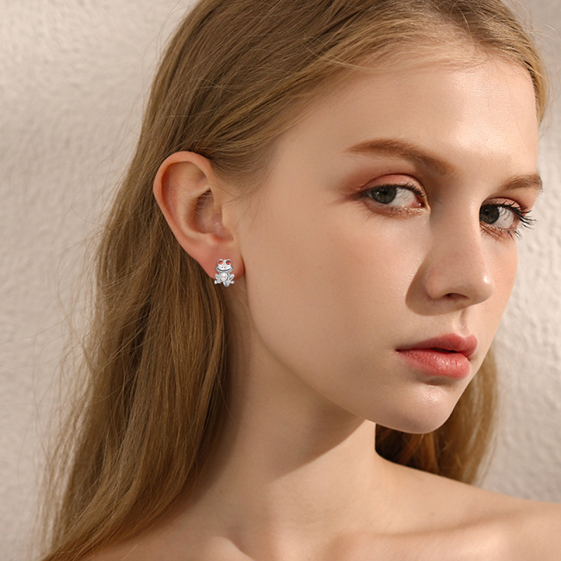 Sterling Silver Cubic Zirconia & Pearl Frog Hoop Earrings-2