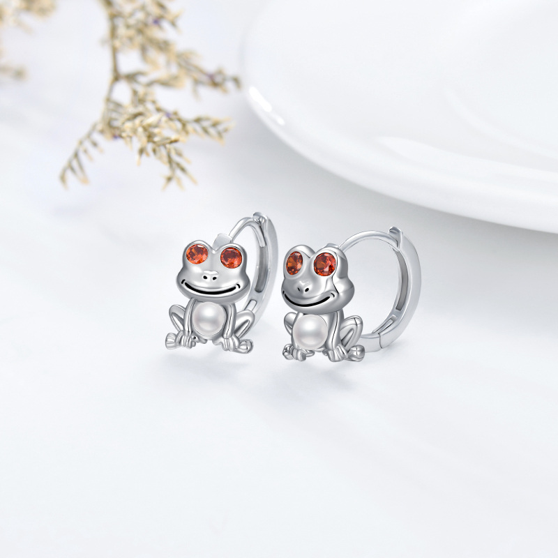 Sterling Silver Cubic Zirconia & Pearl Frog Hoop Earrings-3