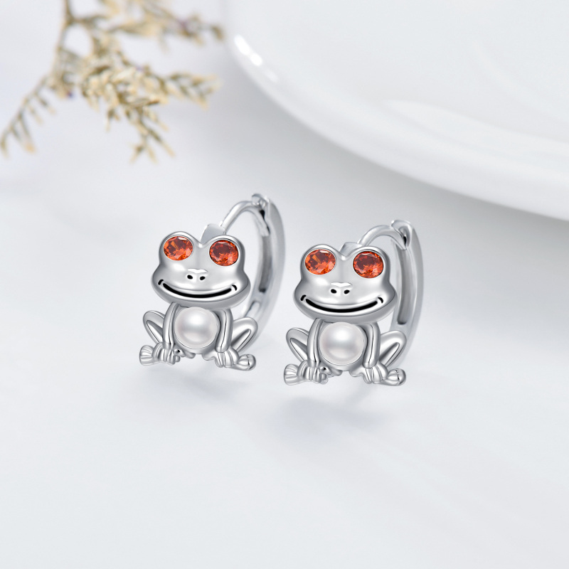 Sterling Silver Cubic Zirconia & Pearl Frog Hoop Earrings-4
