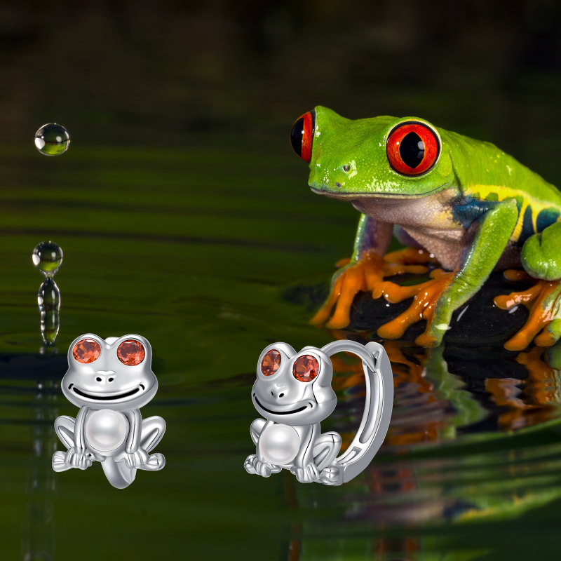 Sterling Silver Cubic Zirconia & Pearl Frog Hoop Earrings-5