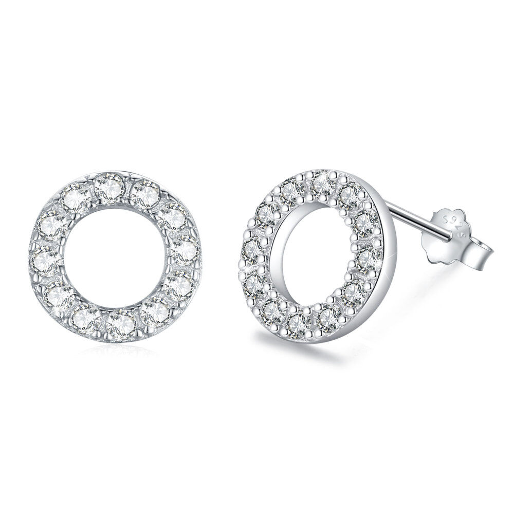 Sterling Silver Circular Shaped Cubic Zirconia Round Stud Earrings-1