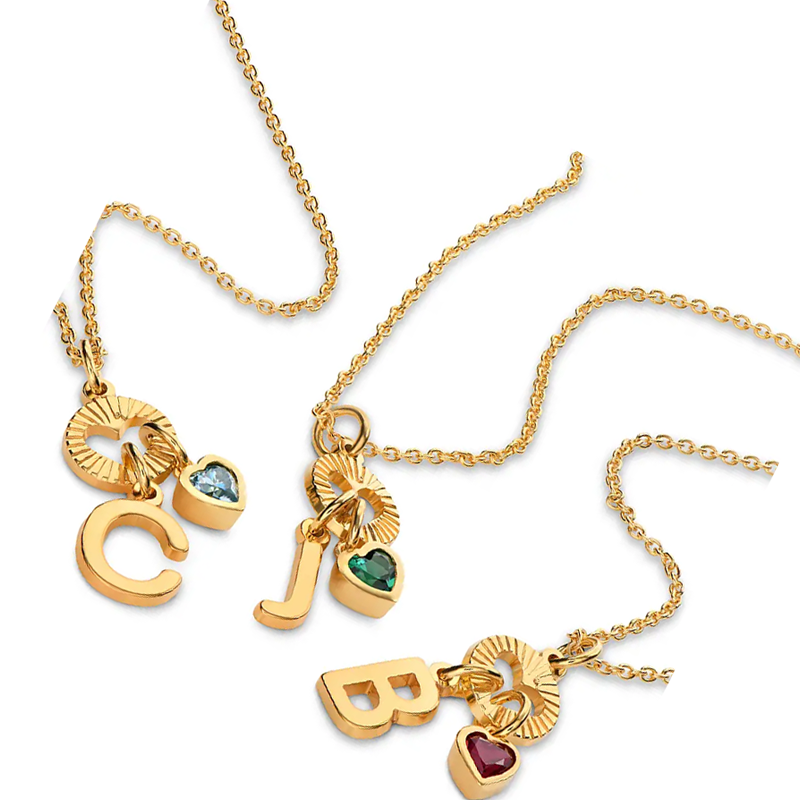 Personalized Initial Heart Necklace with Birthstone Gold Vermeil for Women-3