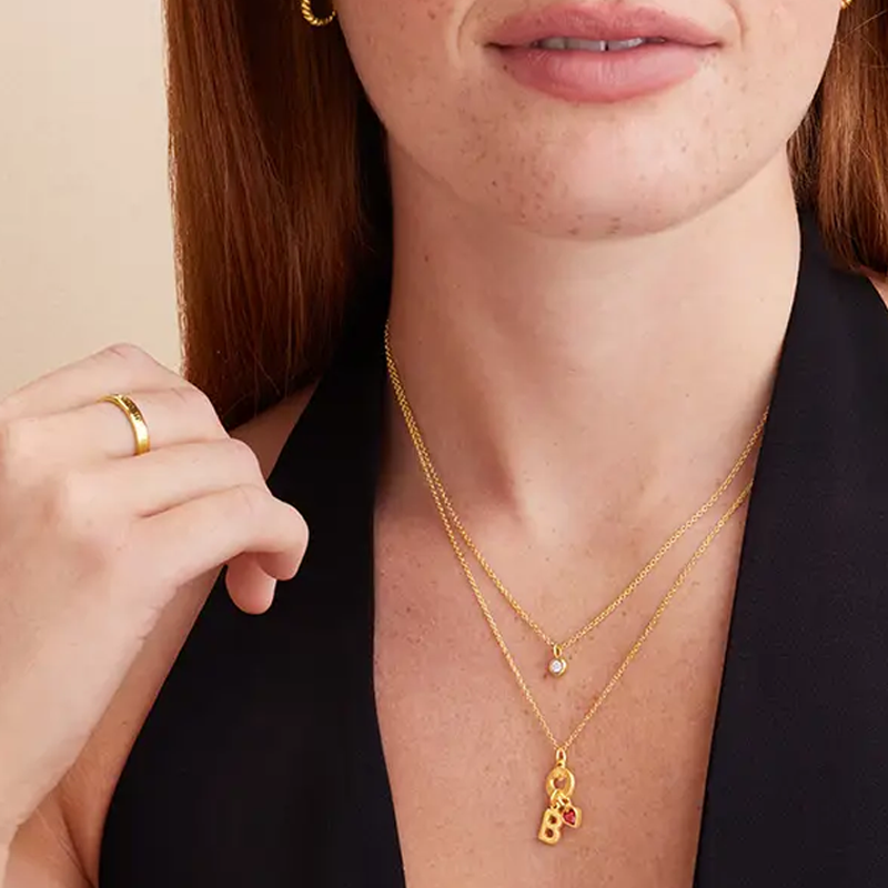 Collana personalizzata con iniziale a forma di cuore e pietra portafortuna in oro vermeil per donna-2