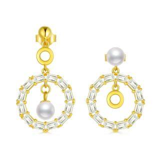 Sterling Silver with Yellow Gold Plated Pearl Round Drop Earrings-60