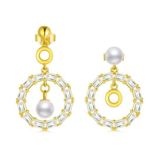 Boucles d'oreilles pendantes rondes en argent sterling avec perles plaquées or jaune