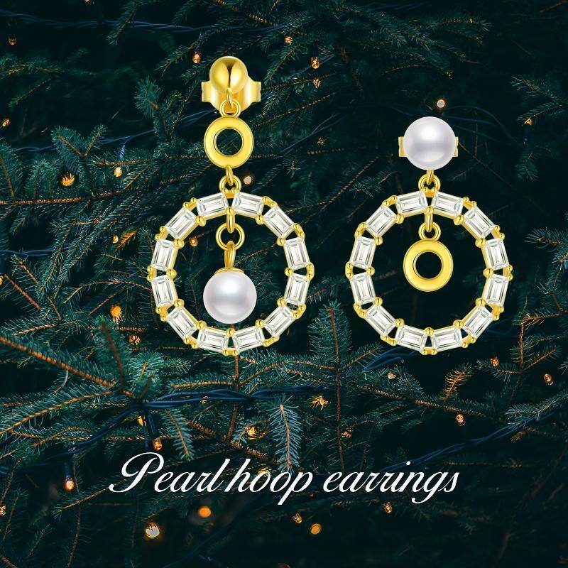 Sterling Silver with Yellow Gold Plated Pearl Round Drop Earrings-5