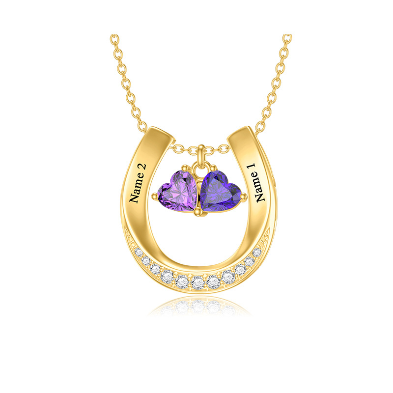 10K Gold Heart Shaped Cubic Zirconia Personalized Birthstone & Personalized Classic Name & Horseshoe Pendant Necklace-1