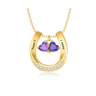 10K Gold Heart Shaped Cubic Zirconia Personalized Birthstone & Personalized Classic Name & Horseshoe Pendant Necklace-23