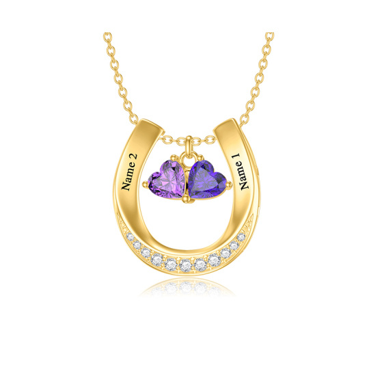 10K Gold Heart Shaped Cubic Zirconia Personalized Birthstone & Personalized Classic Name & Horseshoe Pendant Necklace