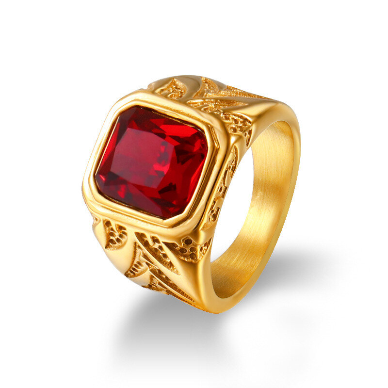 Gold Plated Princess Cut Large Center Stone Ruby Ring for Men-13