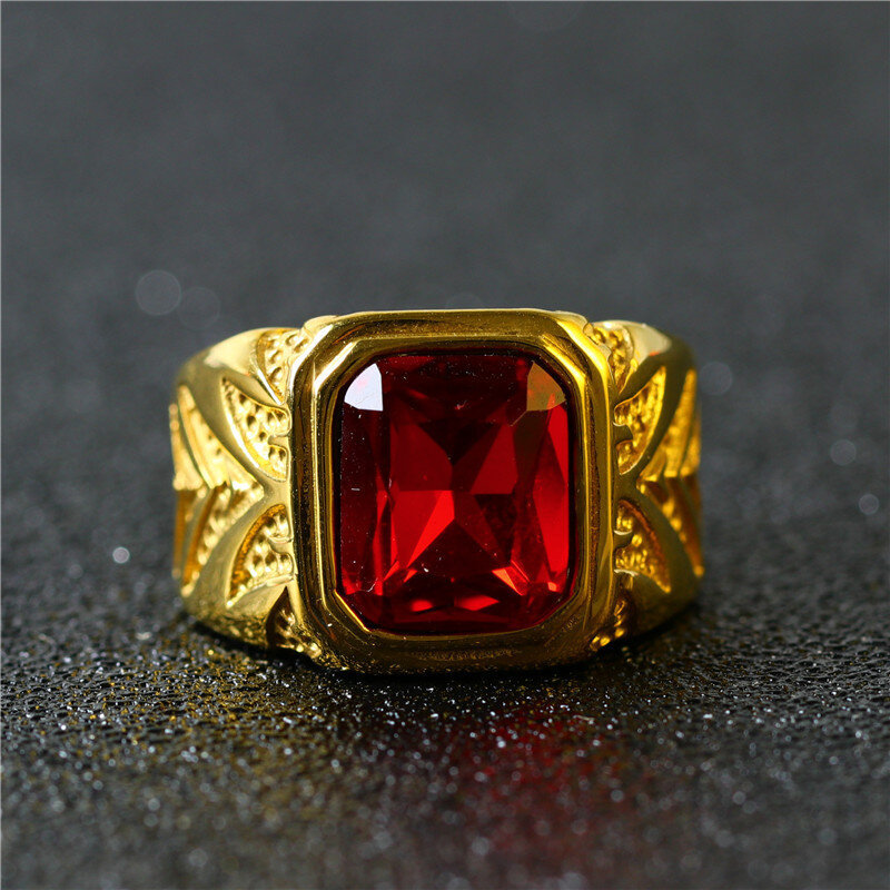 Gold Plated Princess Cut Large Center Stone Ruby Ring for Men-3