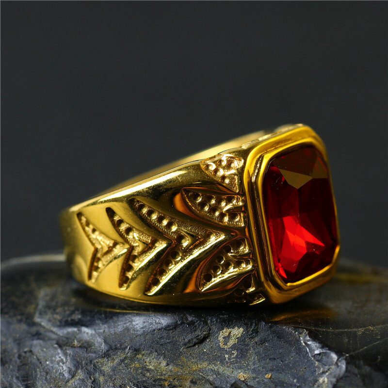 Gold Plated Princess Cut Large Center Stone Ruby Ring for Men-4