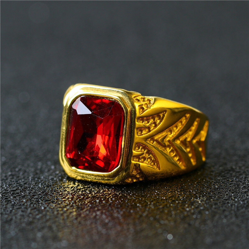 Gold Plated Princess Cut Large Center Stone Ruby Ring for Men-5
