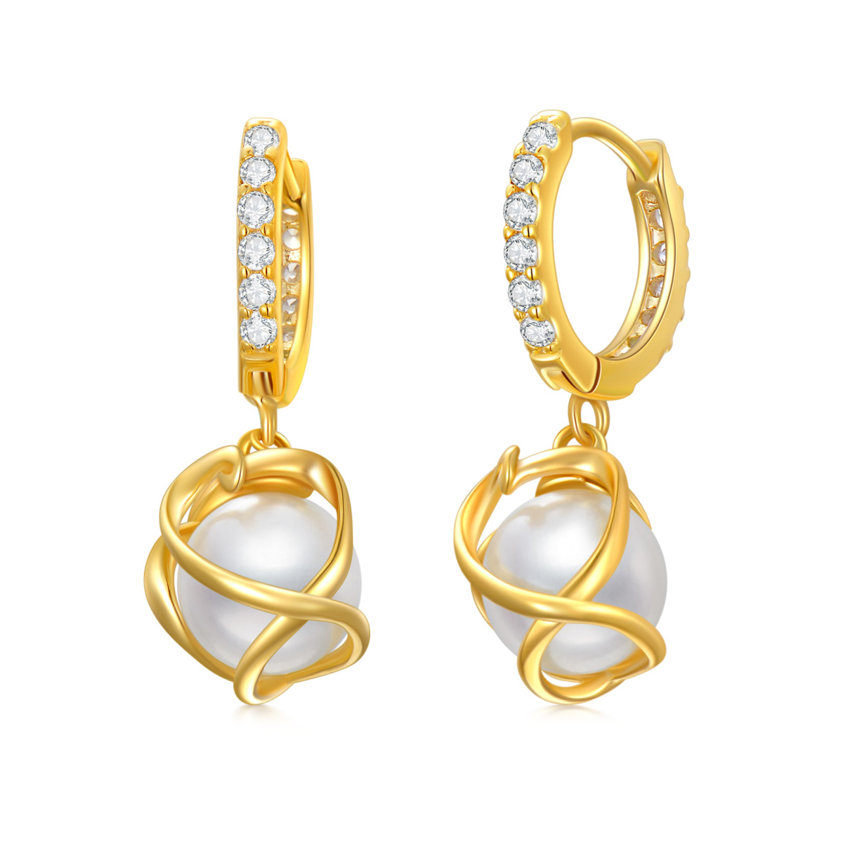 Sterling Silver with Yellow Gold Plated Round Pearl Infinite Symbol Drop Earrings-1