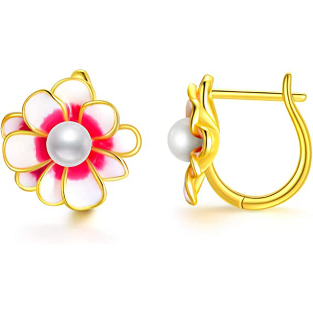 Oorbellen met ronde parels en wilde bloemen van sterlingzilver met verguld geelgoud-1