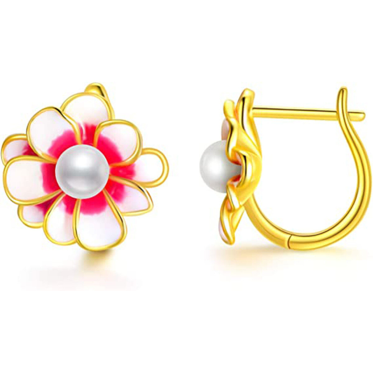 Sterling Silver with Yellow Gold Plated Round Pearl Wildflowers Hoop Earrings-1