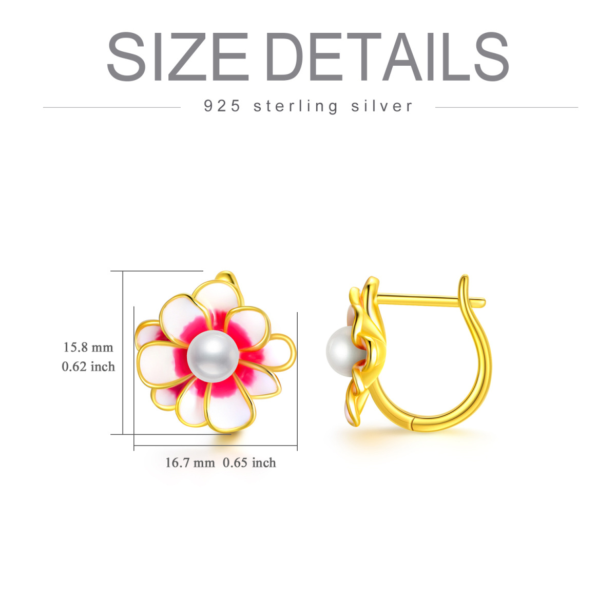 Sterling Silver with Yellow Gold Plated Round Pearl Wildflowers Hoop Earrings-4